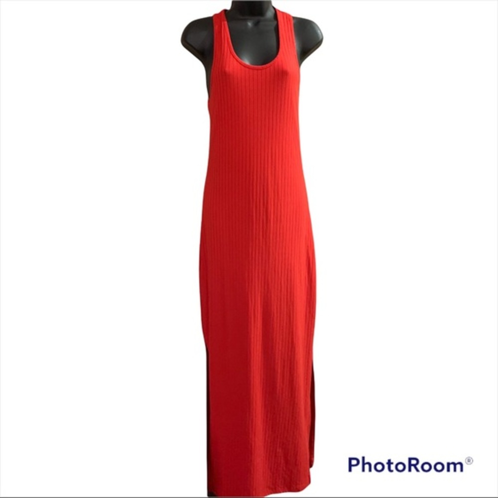 Hot Kiss Red Ribbed Long Racerback Tank Dress with 2 Side Slits